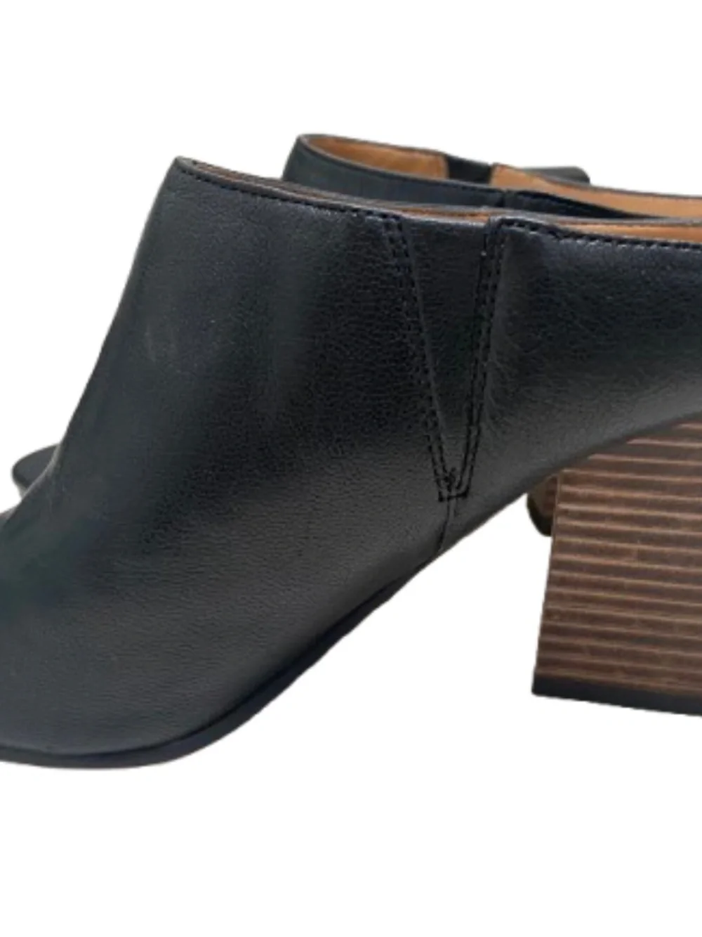 Franco Sarto Black Leather Peep Toe Block Heel Mules